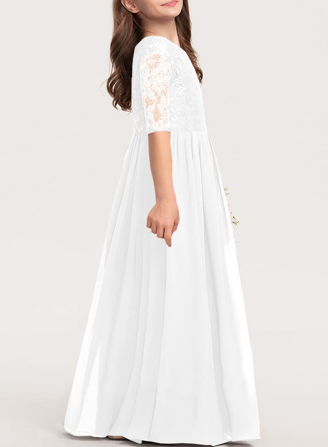 HOSIKA Flower Girls Elegant Vintage Lace Chiffon A-Line Formal Birthday Wedding Party Floor Length Dress White 12-13 Years - Image 3